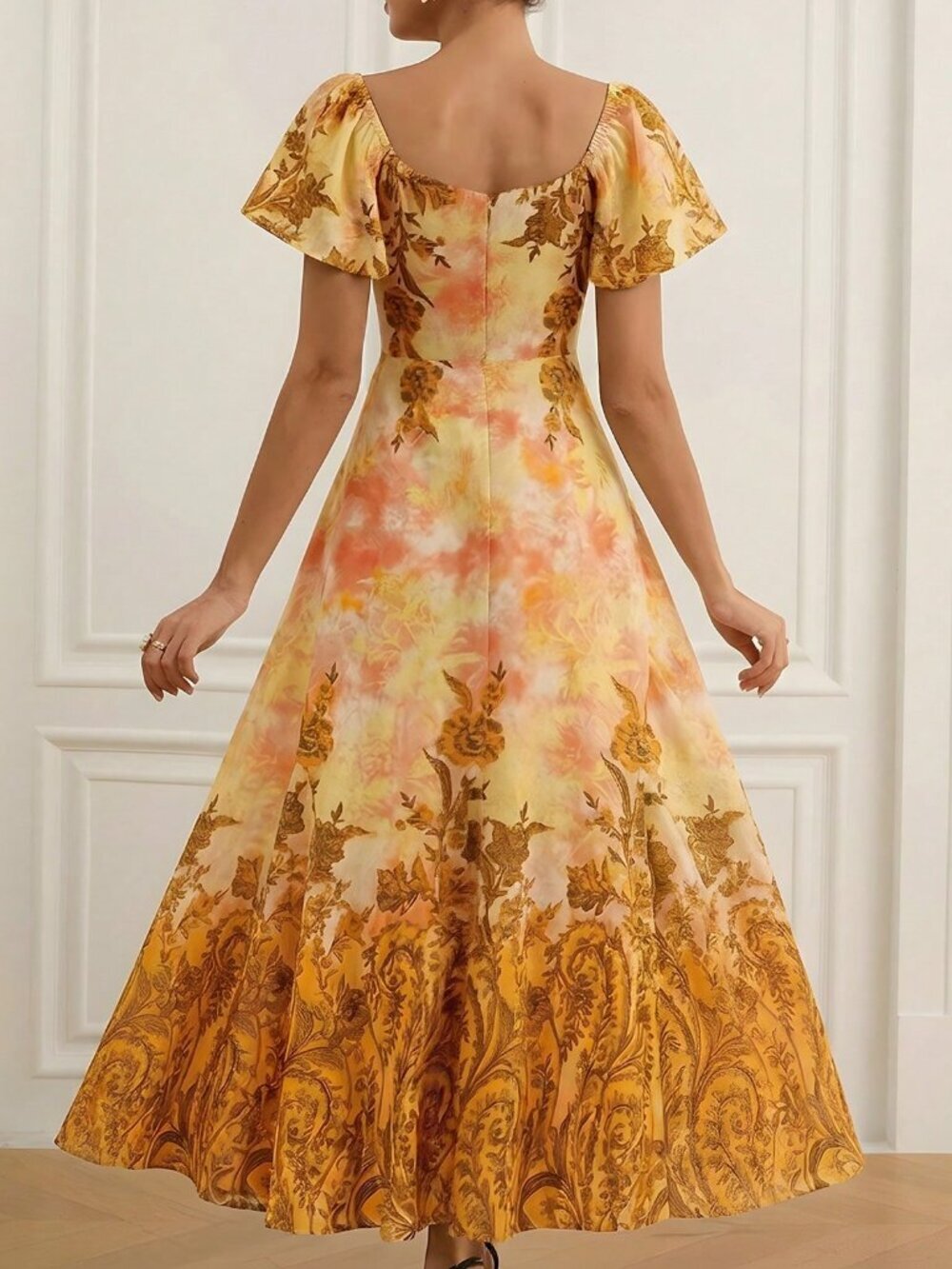 Orange Elegant Women's Floral Print Cap Sleeve Flared Hem Dress - Picture 6 of 7